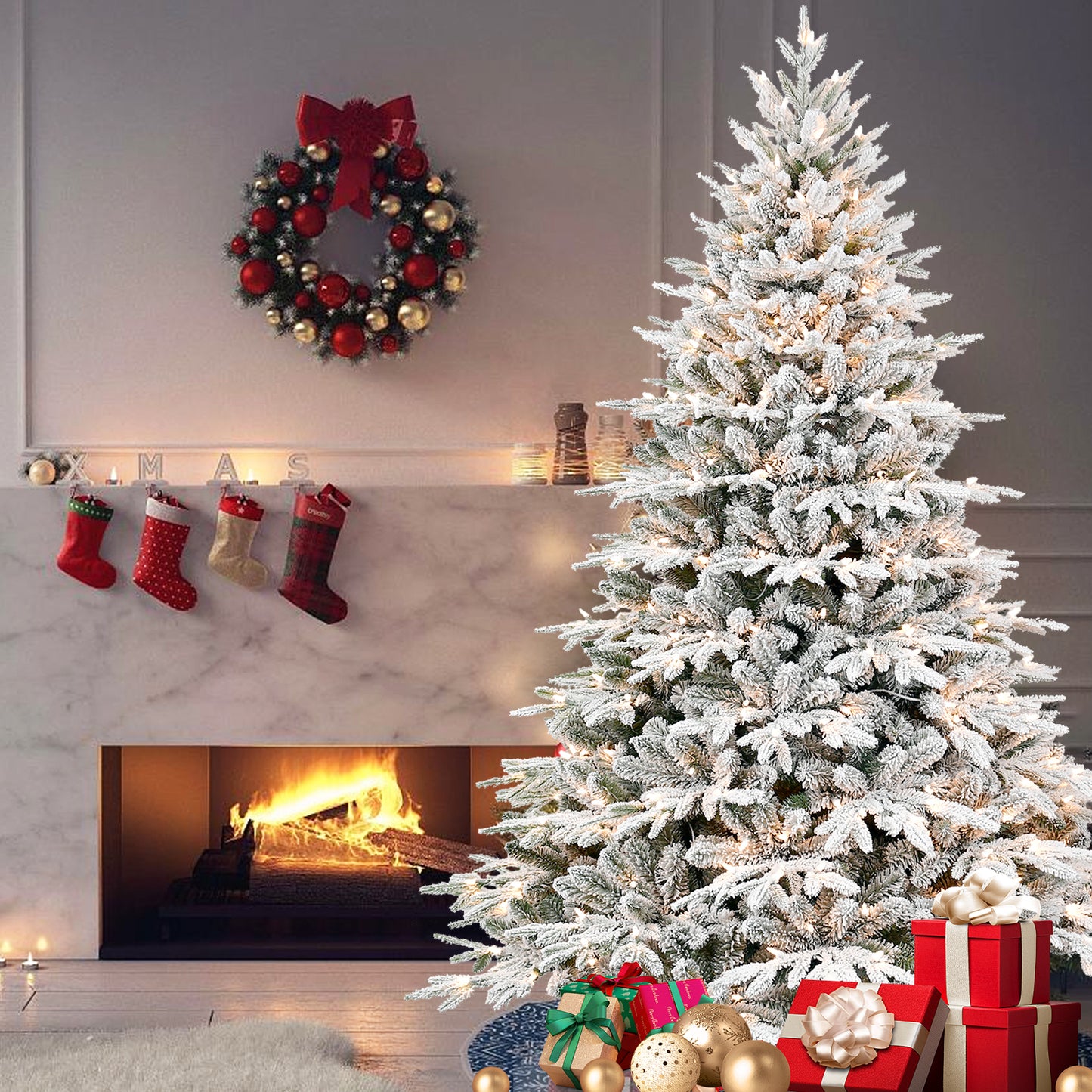 6.5ft Pre-Lit Flocked Artificial Christmas Tree with 450 Warm White Incandescent Lights, 2225 Tips, Snowy PE+PVC Hinged Pine with Partial Memory Wire Branches, Foldable Metal Stand for Holiday Dec