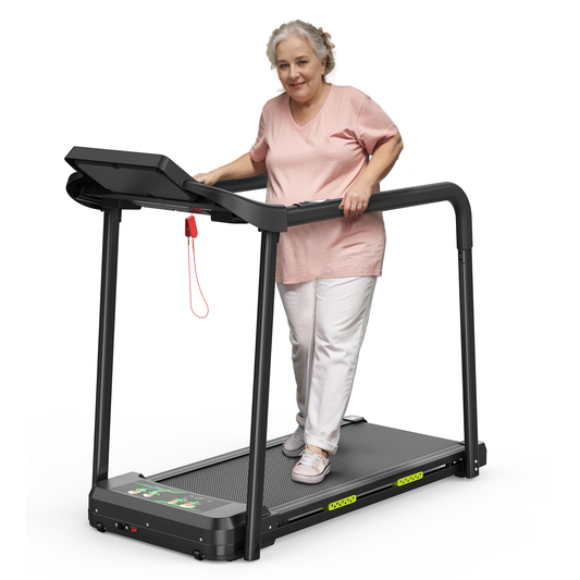 Walking Pad Treadmill for Senior, Foldable Exercise Treadmill with Stable and Safe Structural Design, Large LED Display for Elderly, Long Handrail for Balance, 300 Lbs Capacity