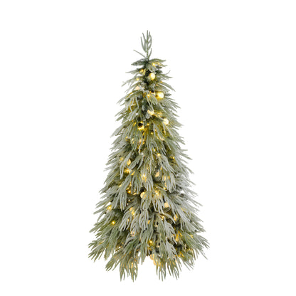 5FT Pre-Lit Spruce Snow Flocked Christmas Tree with LED Lights, Artificial Hinged Xmas Tree in White+Green, Made of PE and PVC, 59 Inches Tall