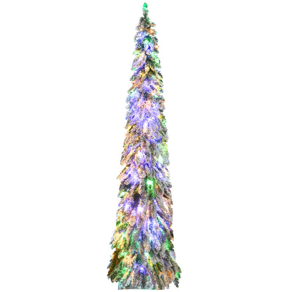 HOMCOM 7ft Tall Prelit Pencil Artificial Christmas Tree Holiday Décor with 534 Snow Flocked Branches, 350 Warm White or Colorful LED Lights, Downswept Shape