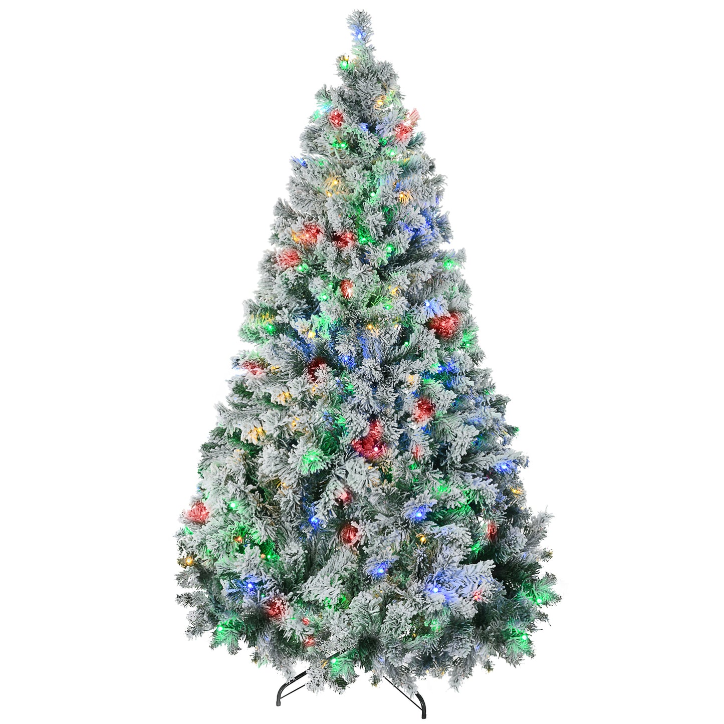 HOMCOM 6ft Tall Prelit Artificial Christmas Tree Holiday Décor with 607 Snow Flocked Branches, 350 Warm White or Colorful LED Lights, Steel Base