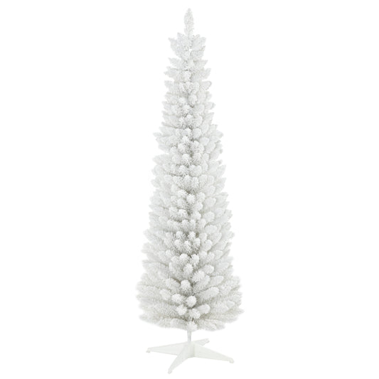 HOMCOM 6' Snow Flocked Artificial Pencil Christmas Tree, Slim Xmas Tree with Realistic Branches and Plastic Base Stand for Indoor Decoration, White