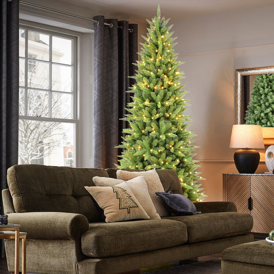 6FT Slim Christmas Tree with 300 Warm White LED Lights – 850 PE+PVC Tips, Space-Saving Hinged Design, Easy Setup, Sturdy Metal Stand – Realistic Pencil Tree for Small Spaces