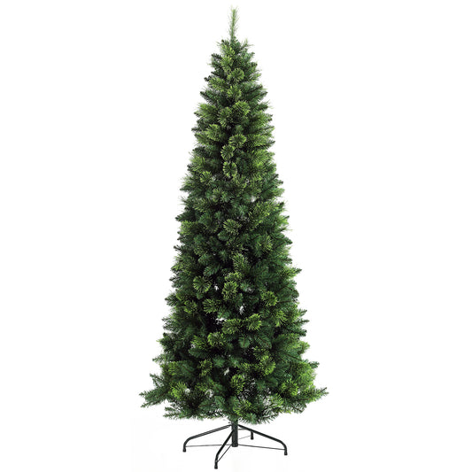 HOMCOM 7.5ft Tall Pencil Artificial Christmas Tree Holiday Décor with 1075 Branches, Auto Open, Steel Base, Pine Needles, Green