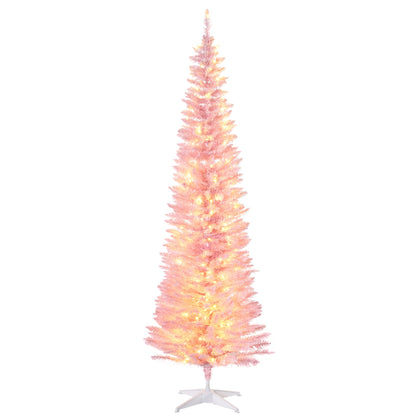 HOMCOM 7' Tall Pre-Lit Slim Noble Fir Artificial Christmas Tree with 200 Warm White LED Lights and 499 Tips, for Christmas Decoration, Pink