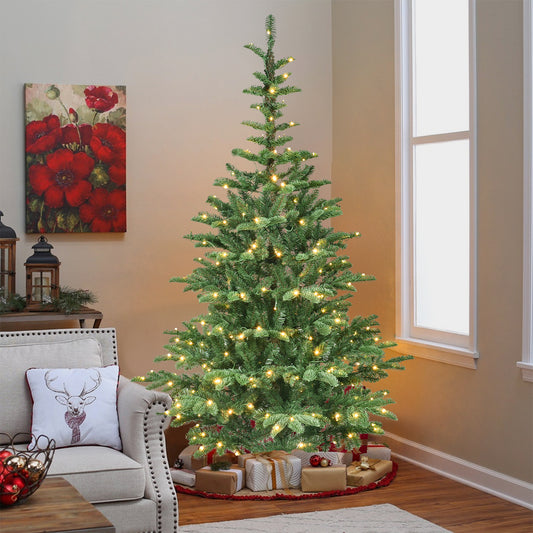 7ft Pre-Lit Christmas Tree with 400 Warm White LED Lights, 941 PE+PVC Tips, Realistic Layered Look, Unique Wooden Base – Full Artificial Holiday Tree for Home Decor