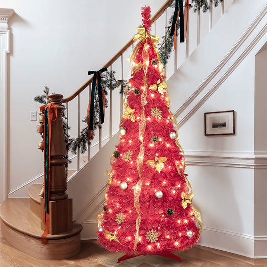 6FT Red Pop-Up Christmas Tree with 150 Warm White LED Lights, Ornaments Included – 4 Ribbons, Bow, Flowers, Snowflakes, Pine Cones & Balls – Easy Assembly & Space-Saving Holiday Décor