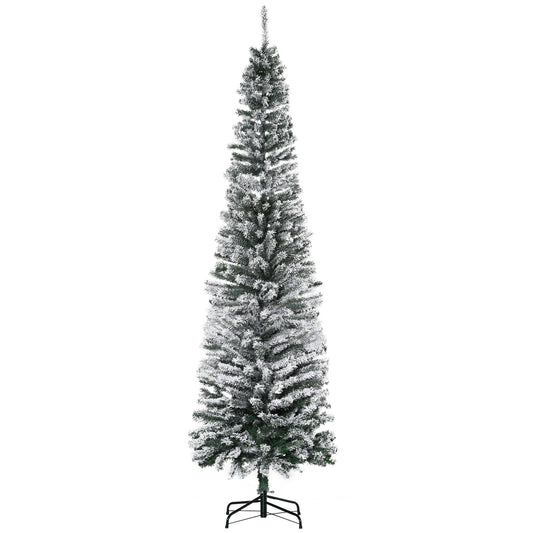 HOMCOM 7.5' Tall Unlit Snow-Flocked Slim Artificial Christmas Tree with Realistic Branches and 738 Tips