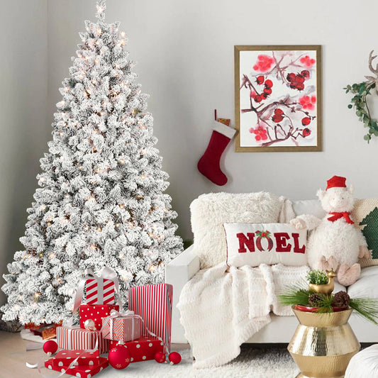 6FT Flocked Christmas Tree with 350 UL Lights and 35 Natural Pine Cones – Snowy PVC Tips, 888 Tips, Hinged Structure, Stable Metal Stand, Easy Setup