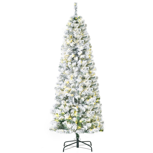 HOMCOM 6ft Pre-Lit Snow-Flocked Slim Douglas Fir Artificial Christmas Tree with Realistic Branches, 250 LED Lights and 462 Tips