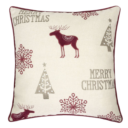 Merry Christmas Embroidered Poly Linen Throw Pillow – 20x20' Holiday Cushion with Reindeer, Trees & Snowflakes