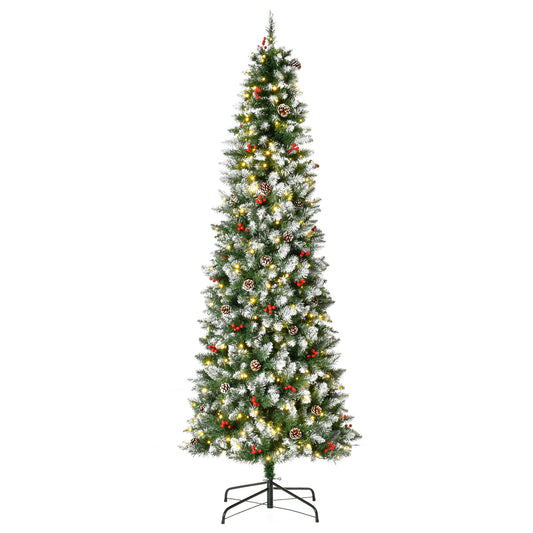 HOMCOM 7.5ft Pre-Lit Snow-Dipped Artificial Christmas Tree with Realistic Branches, 350 LED Lights, Pine Cones, Red Berries and 1075 Tips