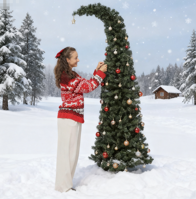 7 ft Prelit Bent Top Christmas Tree, Whimsical Xmas Tree Slim High Mountain Fir with 300 LEDs and Metal Stand