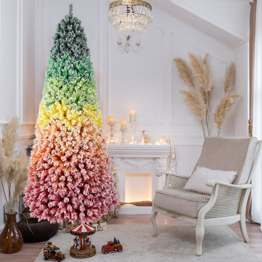 6ft Rainbow Gradient Flocked PVC Christmas Tree with 1326 Tips, Colorful Full-Bodied Artificial Pine with Snowy Finish, Hinged Design and Sturdy Metal Stand for Holiday Decoration