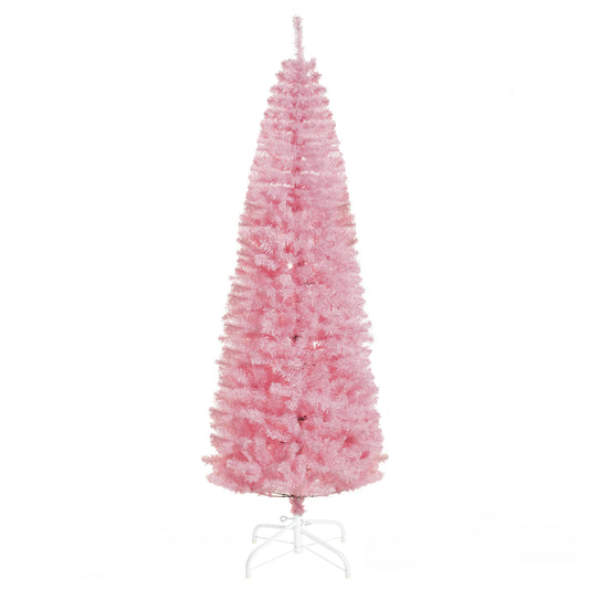 HOMCOM 7' Tall Unlit Slim Douglas Fir Artificial Christmas Tree with 818 Realistic Branch Tips, Pink