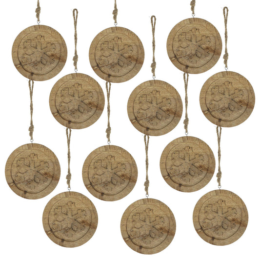 6' x 6' Wooden Hanging Circle With Snowflake Cut, Decorative Hanging Christmas Tree Ornaments for Holiday Party Decorations, Set of 12