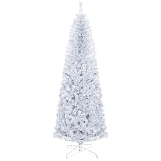 HOMCOM 7ft Pencil Christmas Tree, Unlit Artificial Christmas Tree Slim Douglas Fir Xmas Tree with Realistic Branches, Halloween Tree with 818 Tips, White