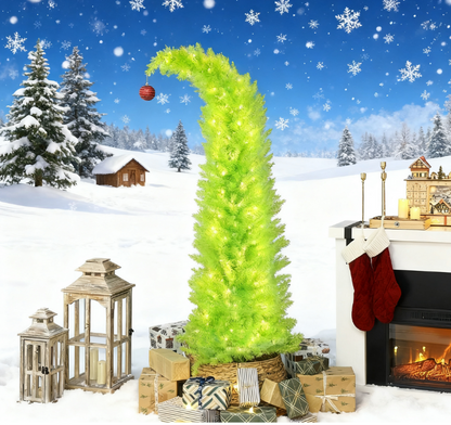 72 INCH Whimsical Christmas Tree, Pencil Xmas Tree with Red Ball, Metal Base, Prelit with 230 LED Lights