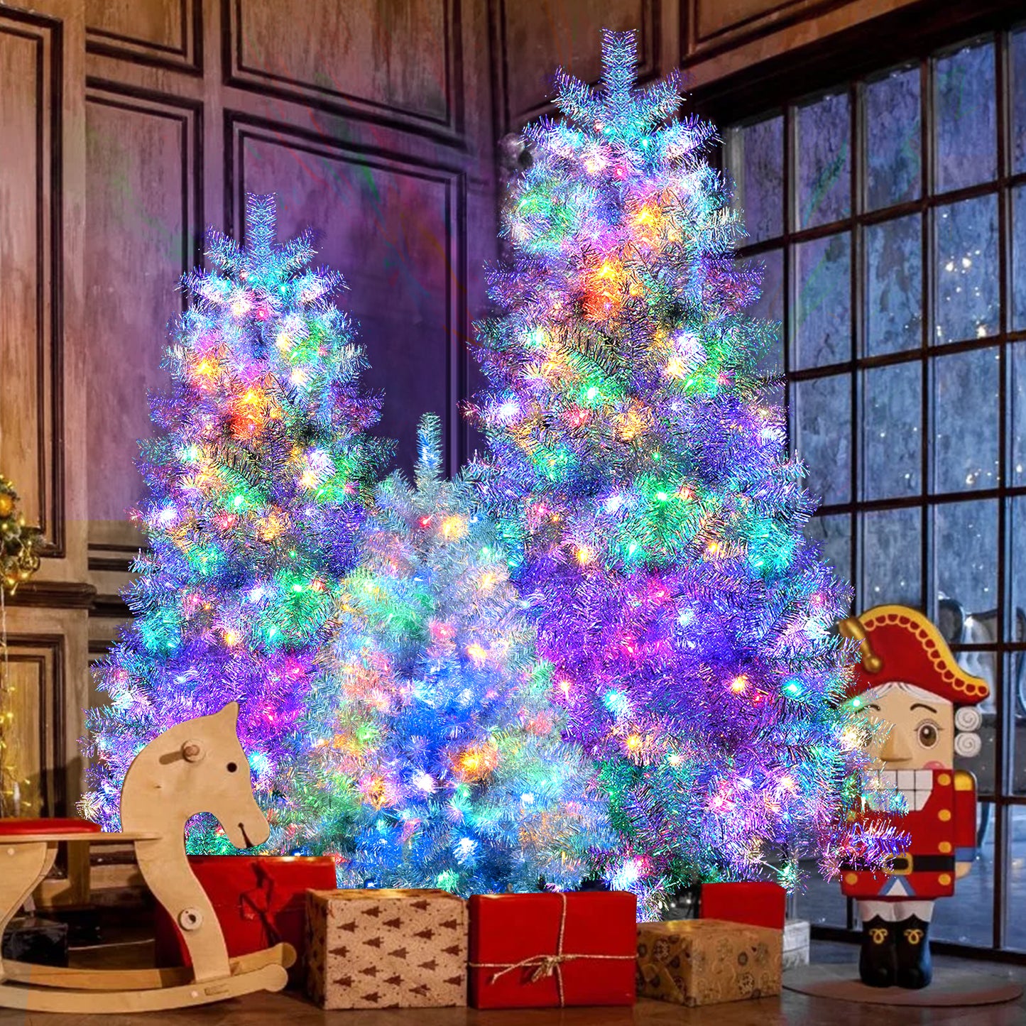 7.4FT, 6FT, 4FT Silver Pre-lit Artificial Hinged Christmas Tree Set, Holiday Spruce Xmas Tree with 2400 Branch Tips, 850 LED Lights, 11 Lighting Modes, Holiday Decoration for Home, Office,School
