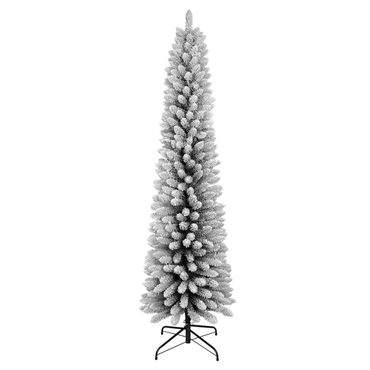 6FT Flocked Pencil Christmas Tree – Slim PVC Tree with 358 Snowy Tips, Space-Saving Design, Realistic Snow Effect, Sturdy Metal Stand, Easy Setup