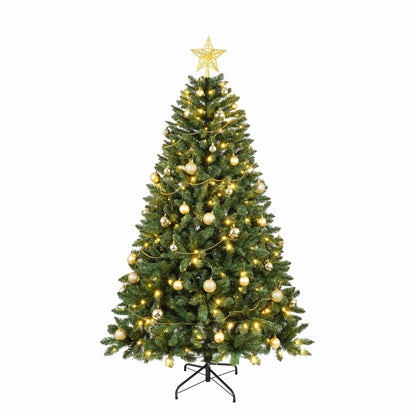 7.5FT Pre-Lit Christmas Tree with 550 Warm White LEDs – 1350 PVC Hard Tips, Hinged Branch Design, Sturdy Metal Stand – Full Realistic Green Holiday Tree