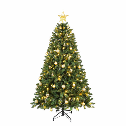 7.5FT Pre-Lit Christmas Tree with 550 Warm White LEDs – 1350 PVC Hard Tips, Hinged Branch Design, Sturdy Metal Stand – Full Realistic Green Holiday Tree