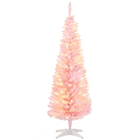 HOMCOM 5' Tall Pre-Lit Slim Noble Fir Artificial Christmas Tree with 110 Warm White LED Lights and 294 Tips, for Christmas Decoration, Pink