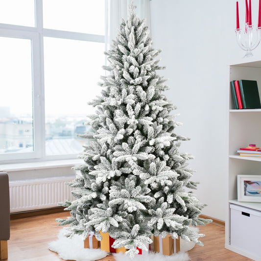 6ft Flocked Christmas Tree with 1100 Tips, Realistic PE+PVC Snowy Hinged Tree with Metal Stand, Full Artificial Xmas Tree for  Holiday Decoration